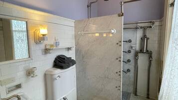 Een badkamer met toilet, wastafel en douche.