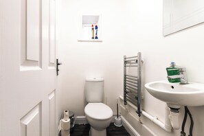 Hair dryer, towels, soap, toilet paper