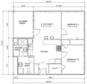 Un plan d’étage comprenant un porche couvert, un salon, deux chambres, une cuisine, une salle de douche, des toilettes et un espace buanderie.