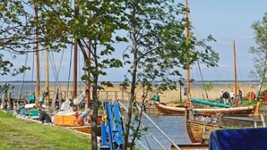 A dock with several boats, a blue lift, and a grassy area with trees. - Hausboot in Barth am Barther Bodden (Barth)