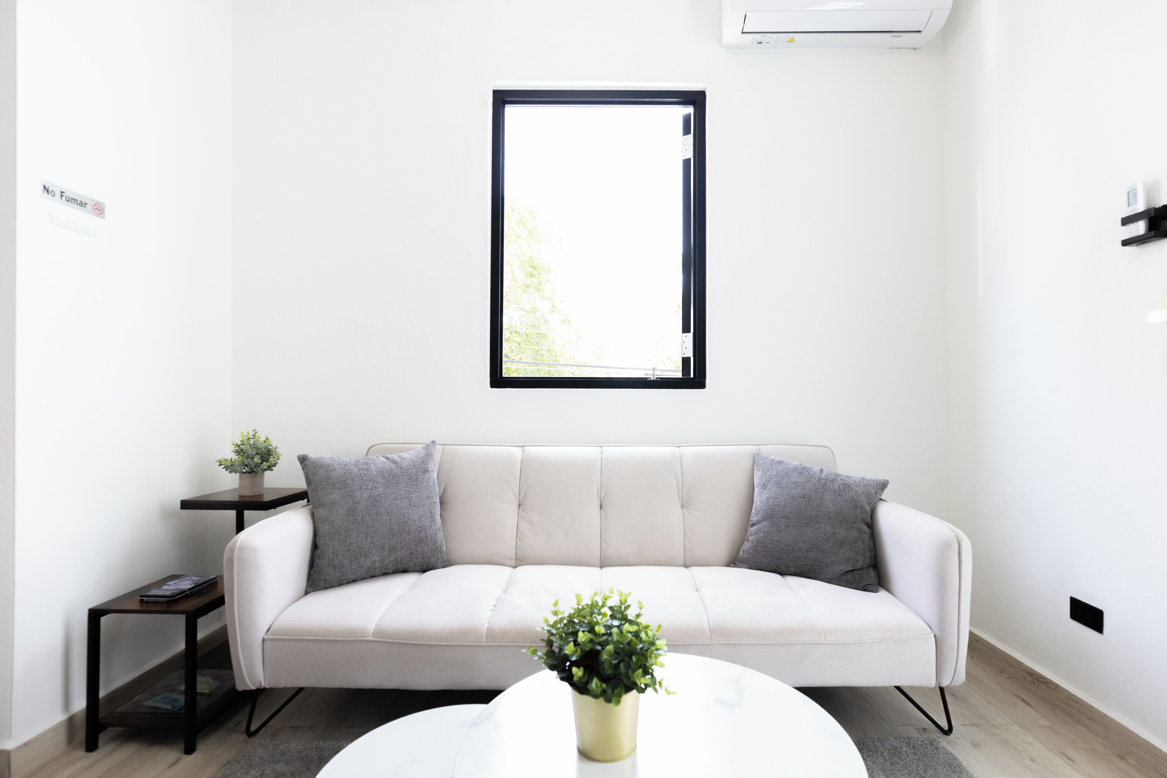 A modern living room with a beige sofa, a small side table, a round coffee table with a plant, and a window with a black frame.
