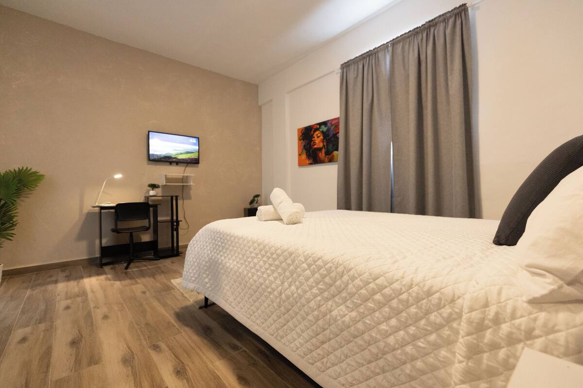 Une chambre d’hôtel avec un lit, un bureau, une chaise, une télévision et un tableau au mur.