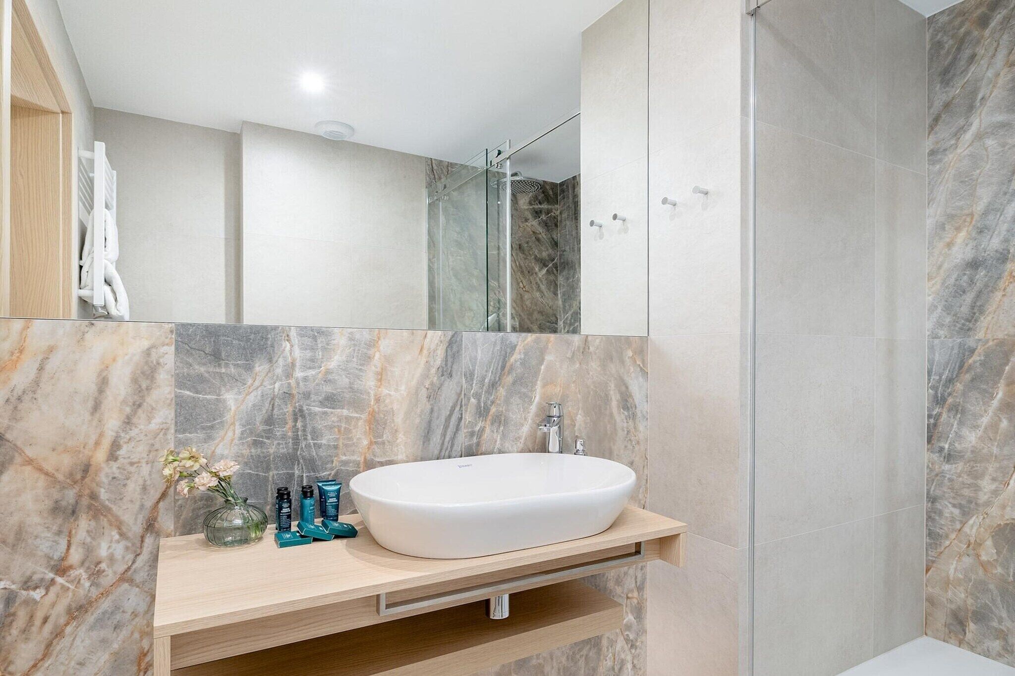 Shower, hair dryer, towels