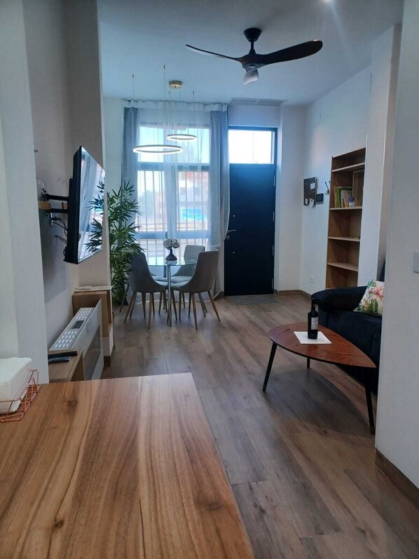 Smart TV, fireplace, books, stereo