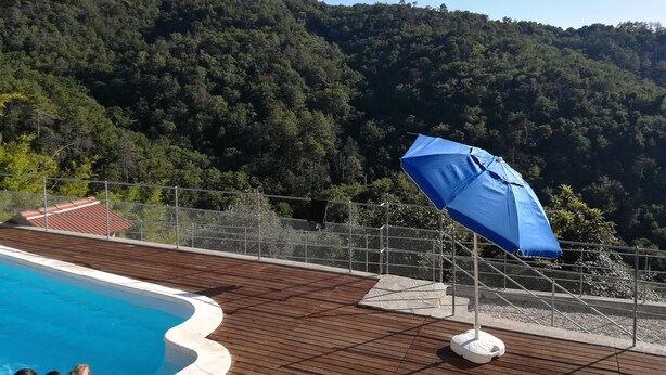 Une piscine avec une terrasse en bois, un parasol bleu et une vue sur une colline boisée.
