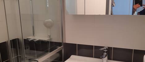 A bathroom with a glass-enclosed shower, a white sink, and a mirror above the sink.