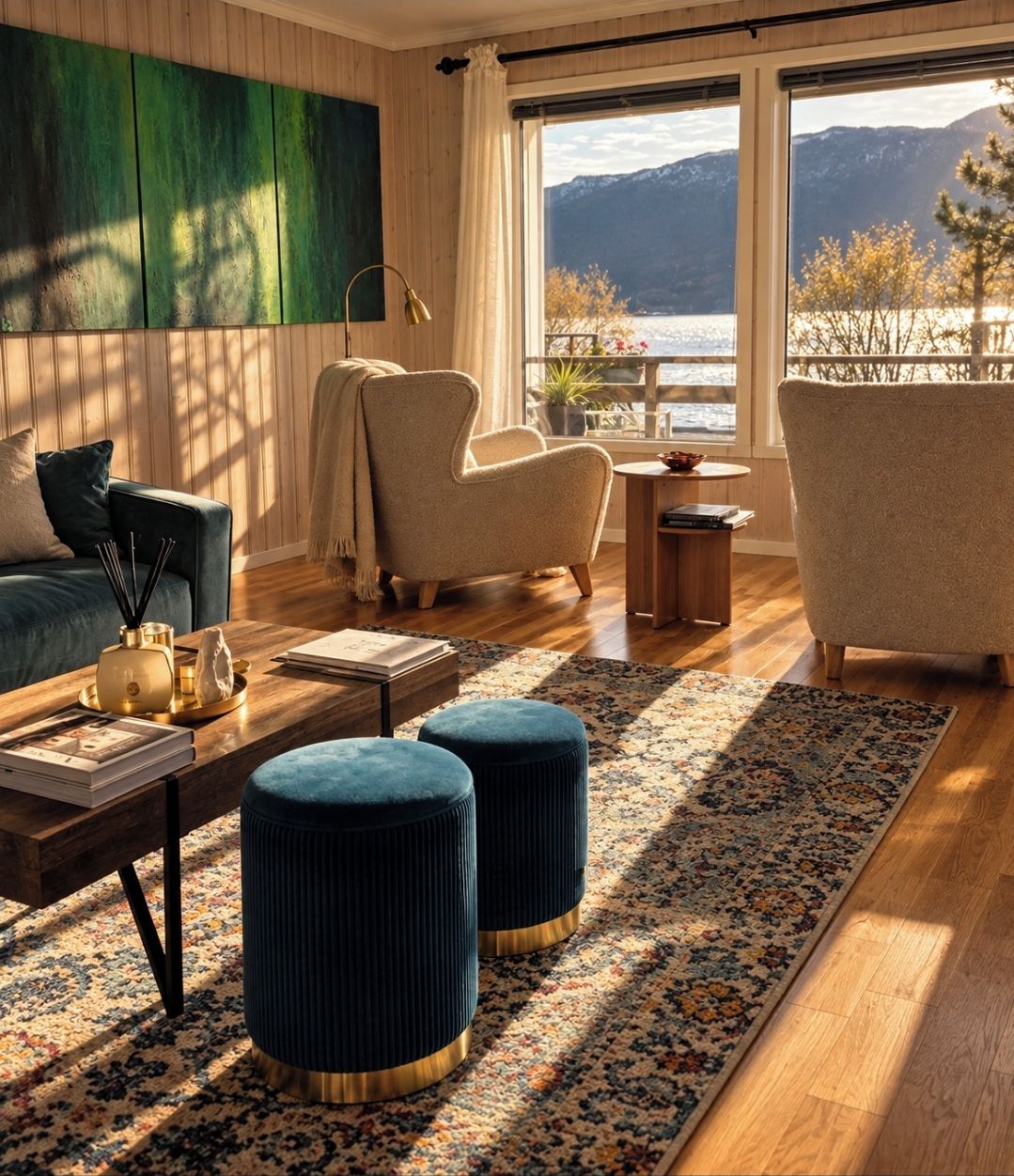 Ein modernes Wohnzimmer mit Seeblick und Bergblick, ausgestattet mit einer Couch, Sesseln, einem Couchtisch und einem gemusterten Teppich.