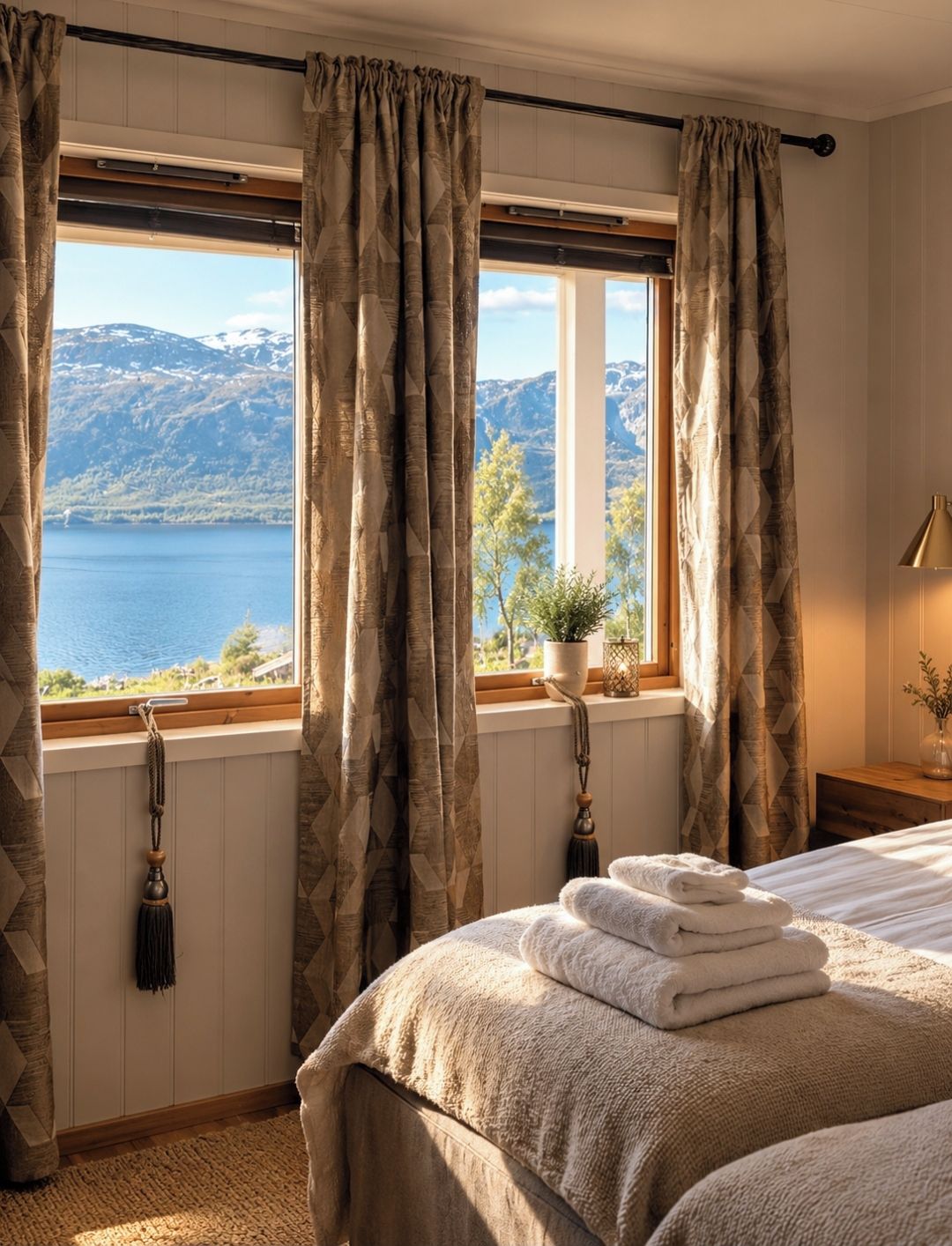 A bedroom with a large window, a bed with neatly folded towels, a bedside lamp, and a view of a lake and mountains.