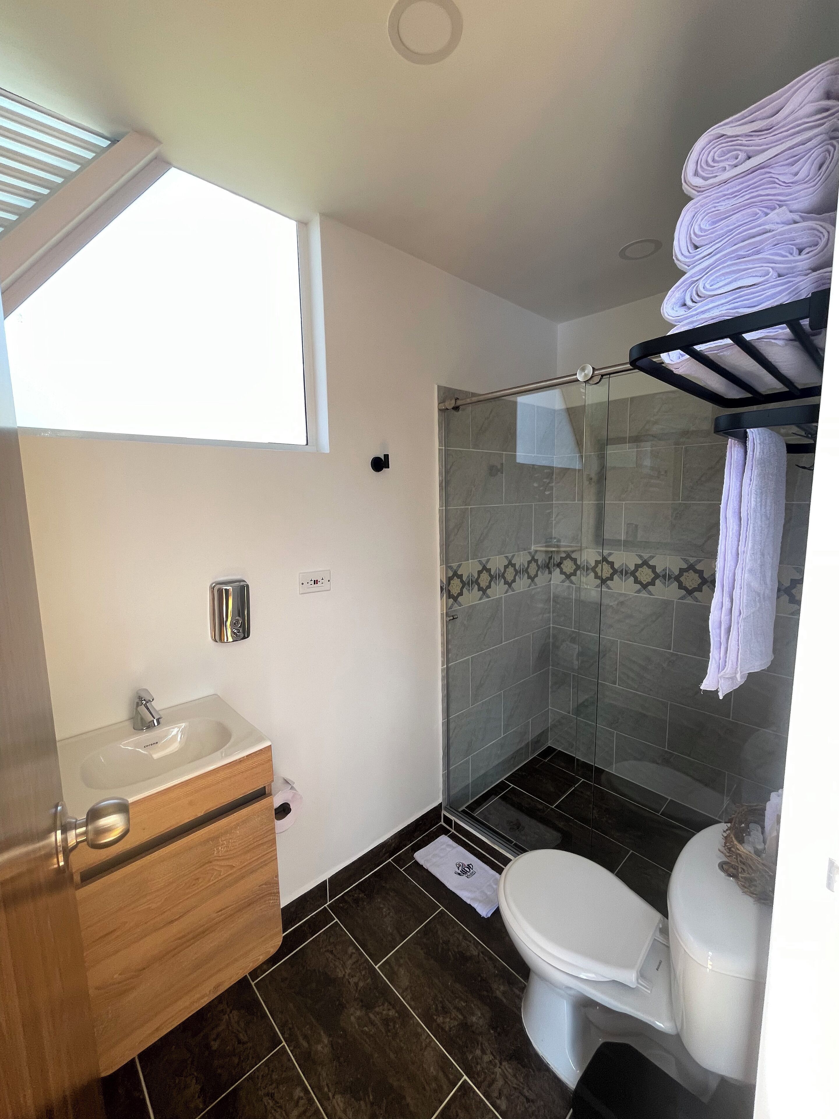 A modern bathroom with a glass shower enclosure, a white sink, and a toilet.