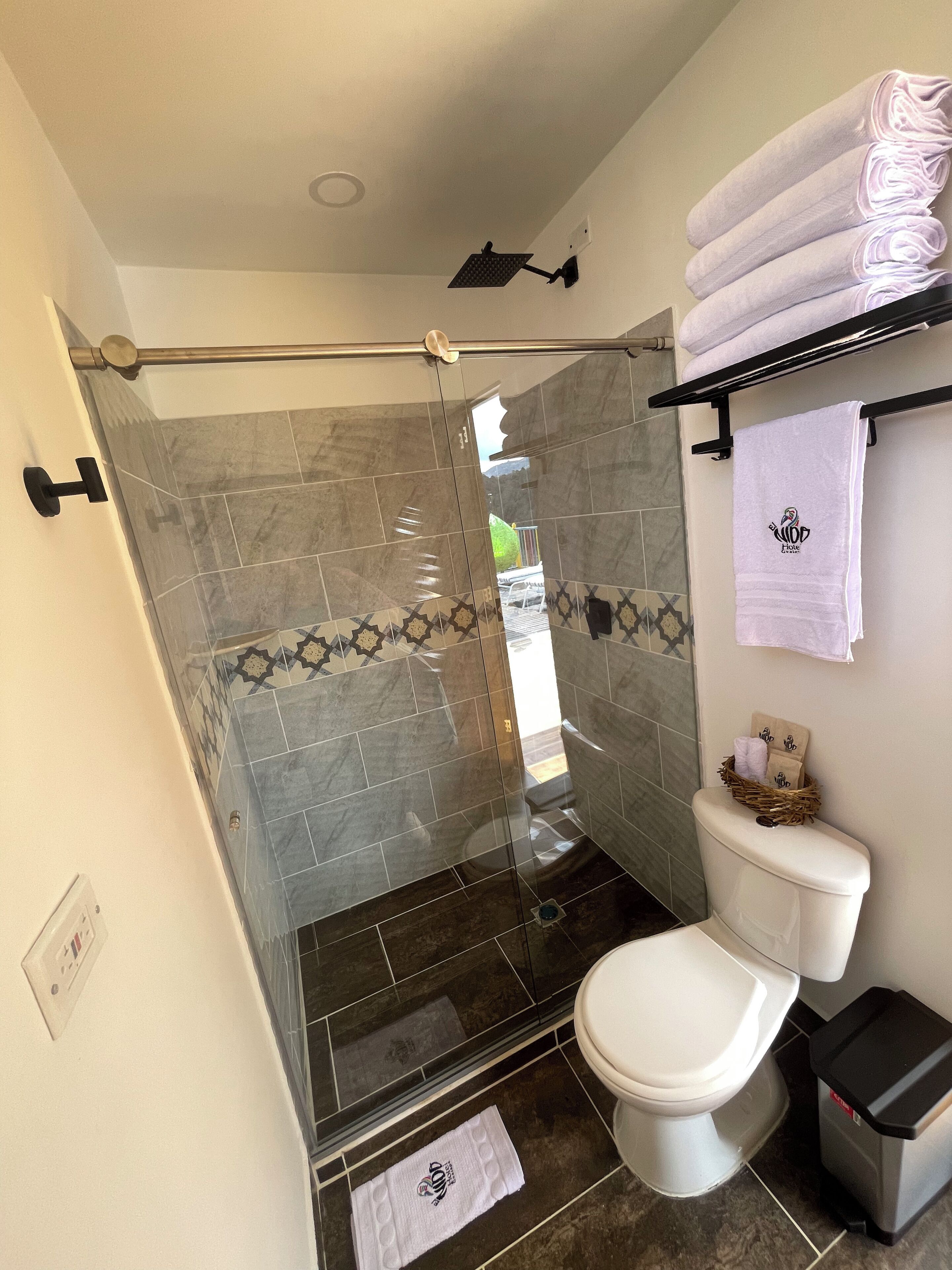 A bathroom with a glass shower enclosure, a toilet, and a towel rack with folded towels.