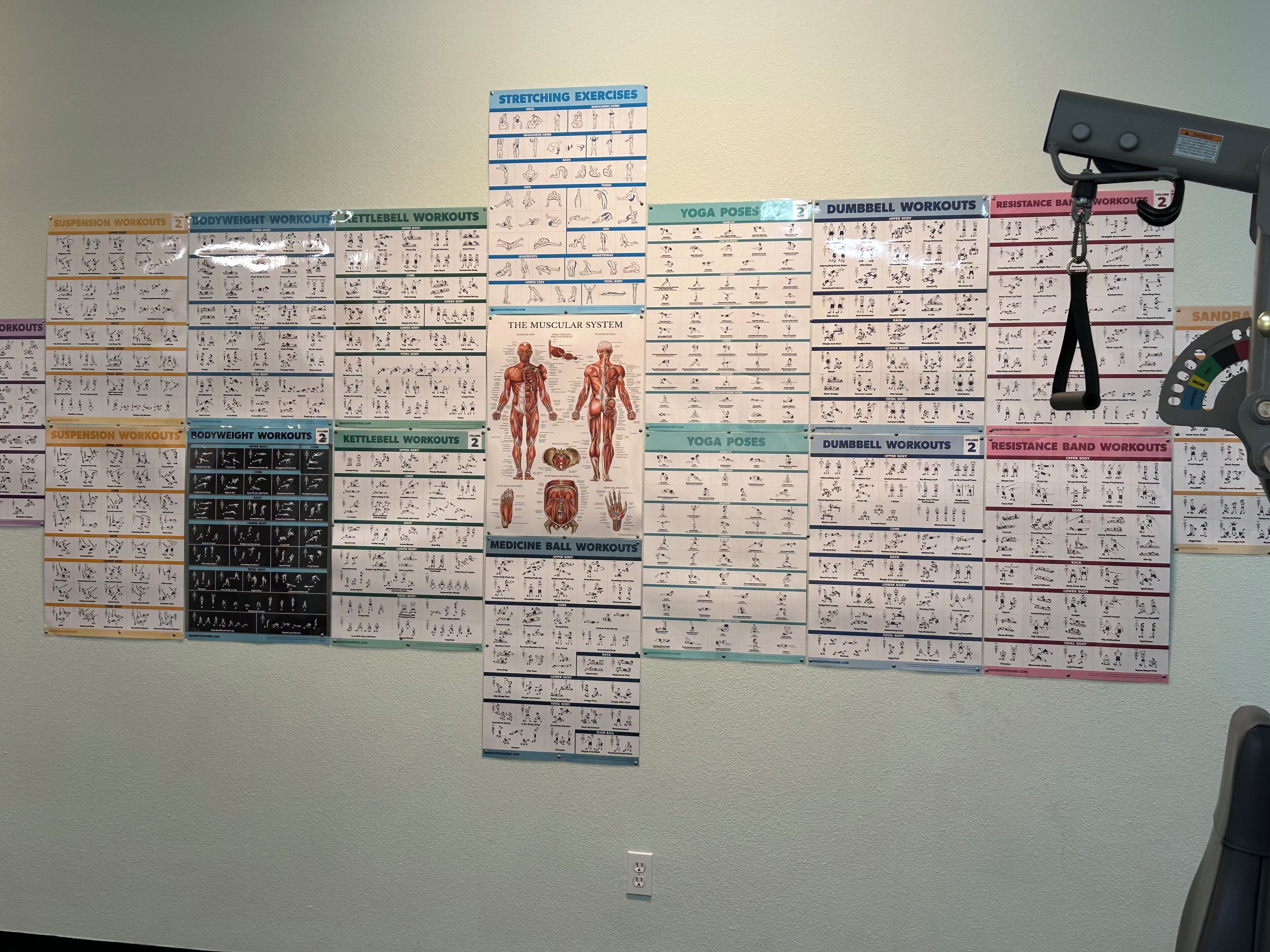 A wall with multiple fitness workout charts.
