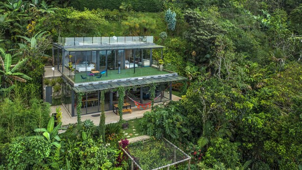 Een modern glazen huis met terras, omgeven door weelderige begroeiing.