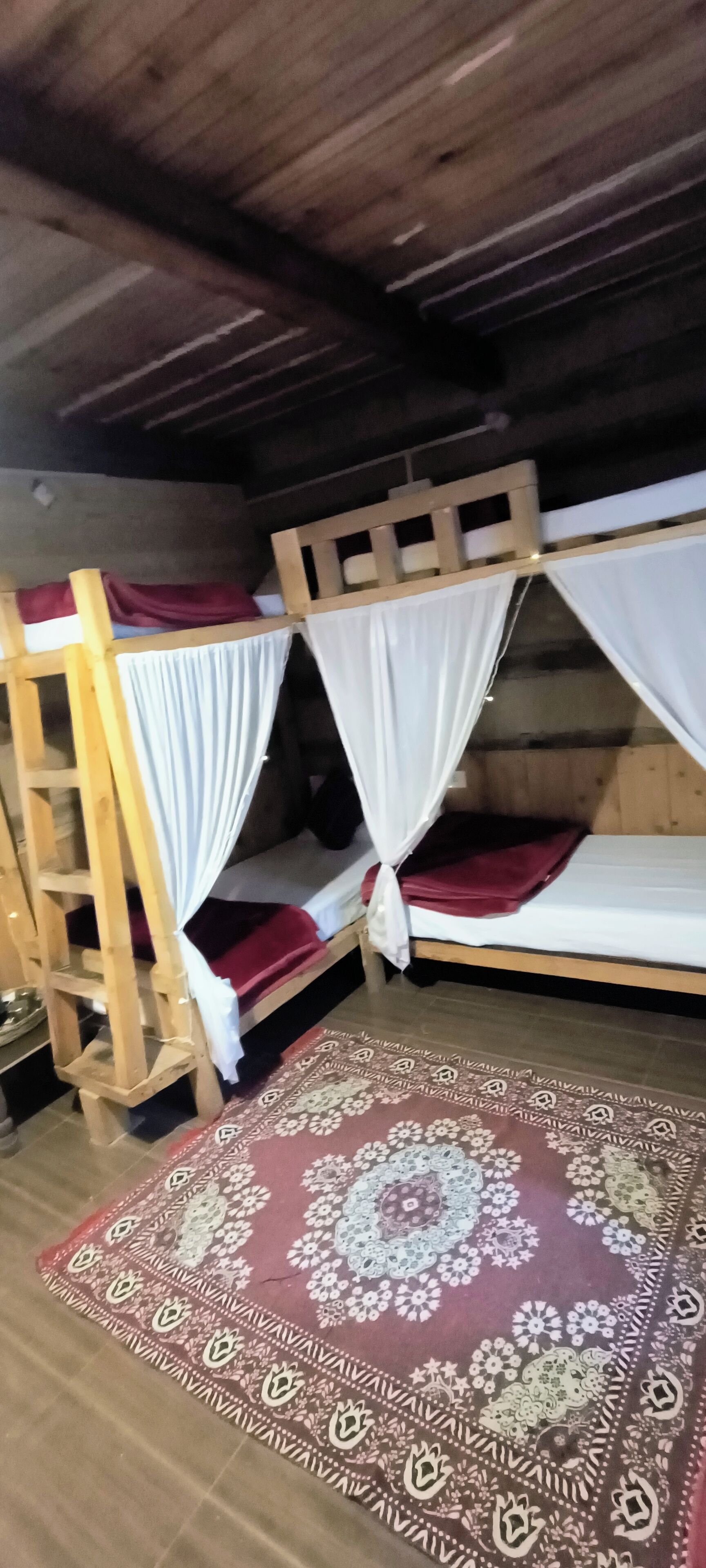 A wooden bunk bed room with a ladder, white curtains, and a patterned rug.