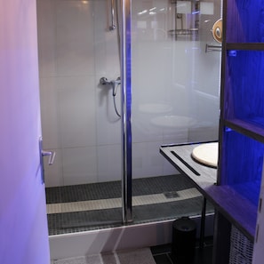 Shower, hair dryer, toilet paper
