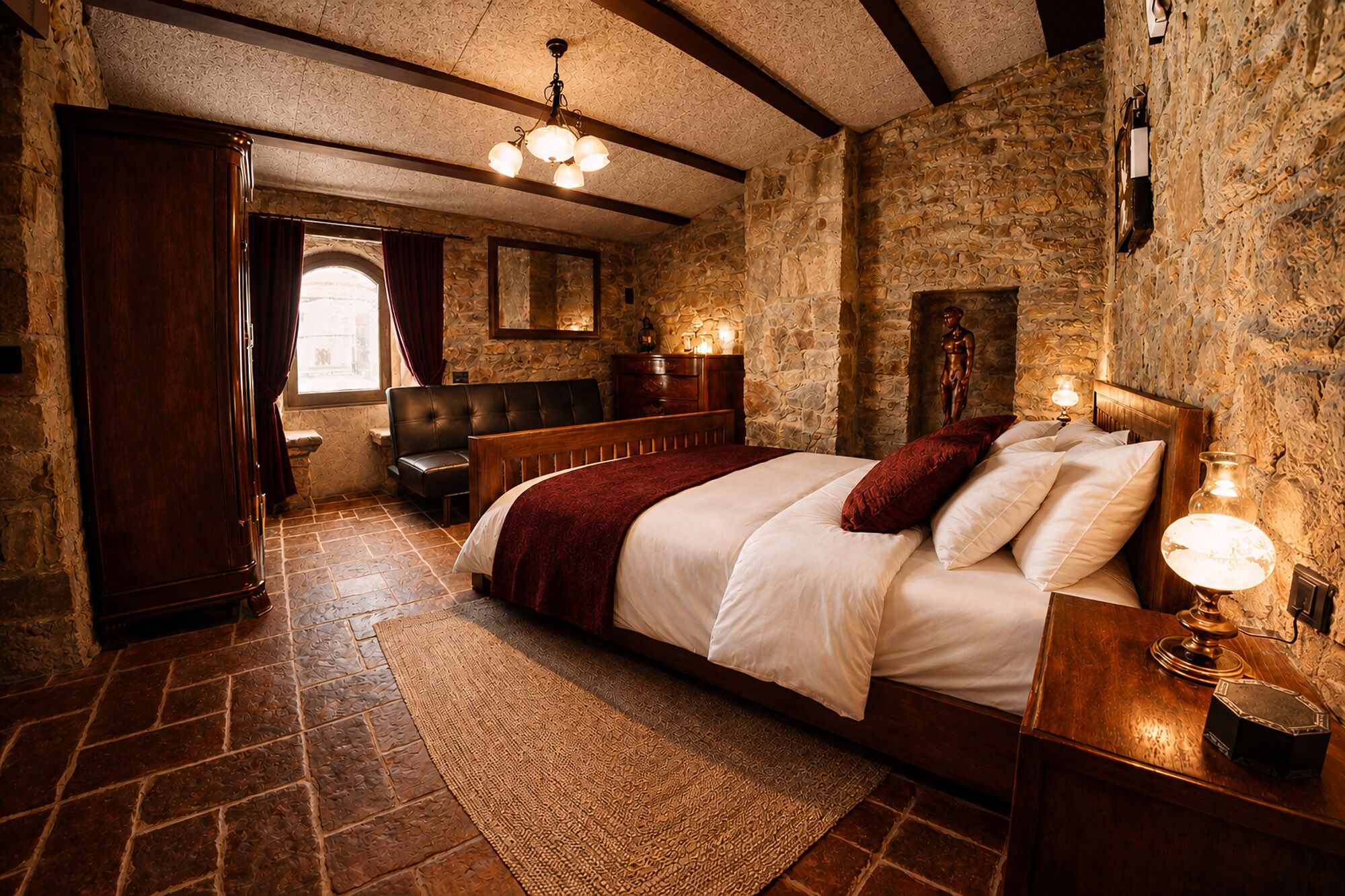 Un dormitorio con pared de piedra, cama de madera, un banco, una mesita de noche con lámpara y un espejo grande.