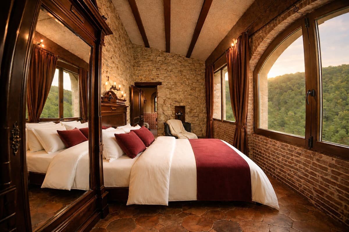 Ein Schlafzimmer mit Steinsandsteinwänden, großen Fenstern und einem Bett mit weißer und roter Bettwäsche.