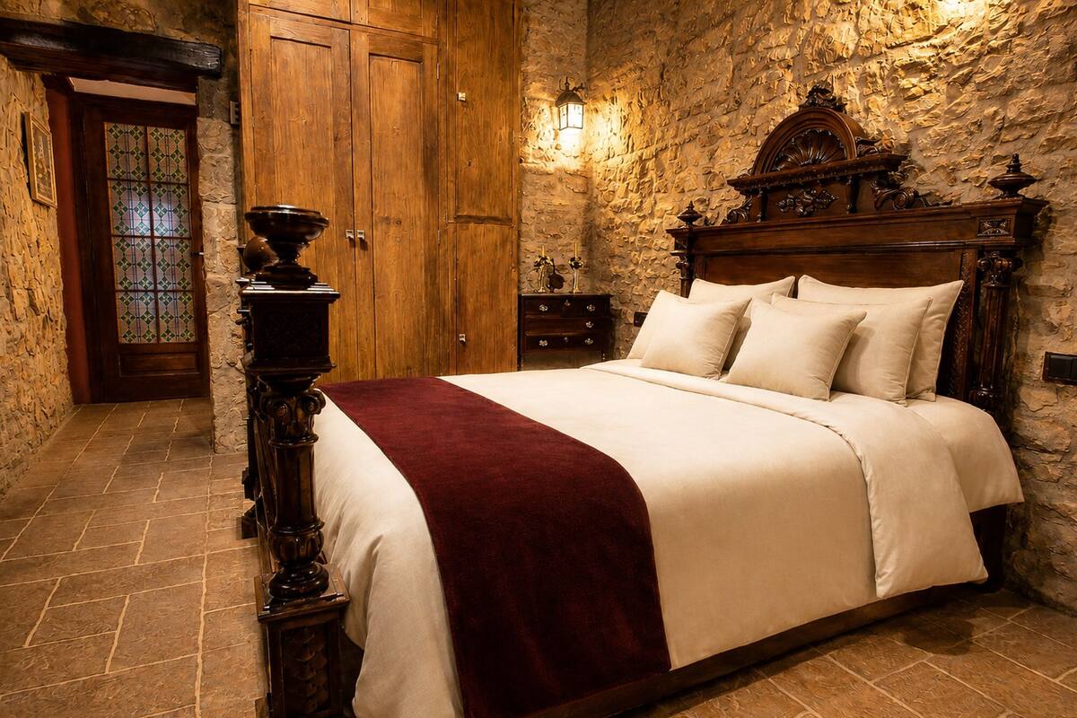Ein Schlafzimmer mit einer Steinswand, einem hölzernen Bettgestell und einer roten Tagesdecke.