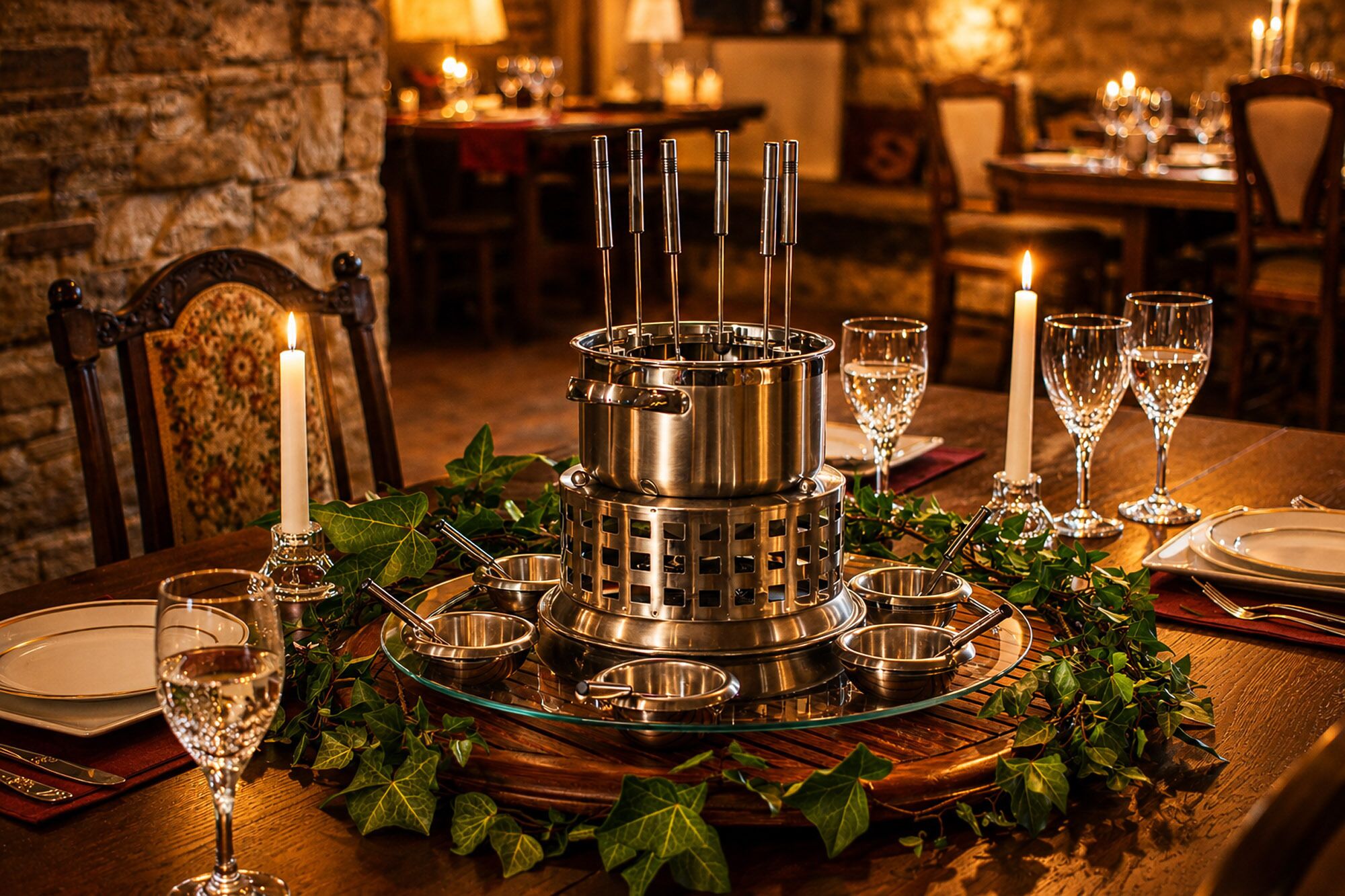 A dining table set with a central heating device, multiple glasses, and plates.