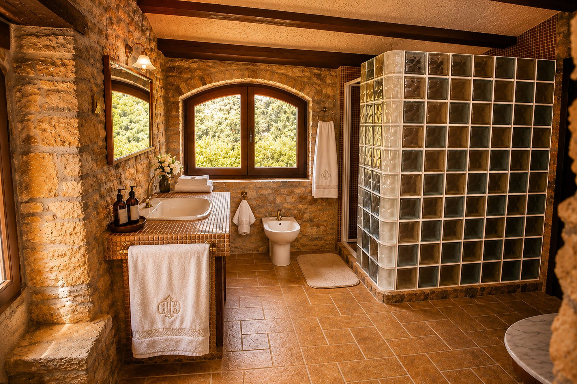 A rustic bathroom with a stone wall, a large window, a bathtub, and a sink.