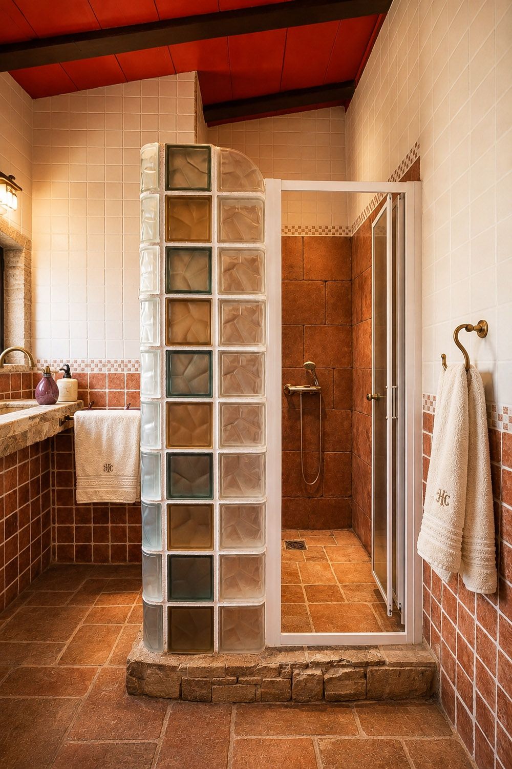 A bathroom with a glass shower enclosure, a sink with a towel, and a tiled floor.