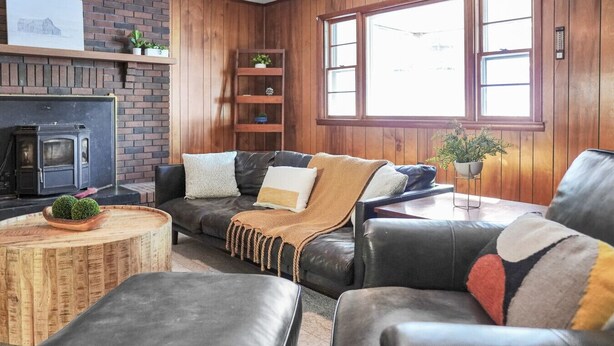 A cozy living room with a fireplace, leather sofas, a coffee table, and wooden shelves with plants. - Two bedroom  in United States of America, Summersville (Summersville)