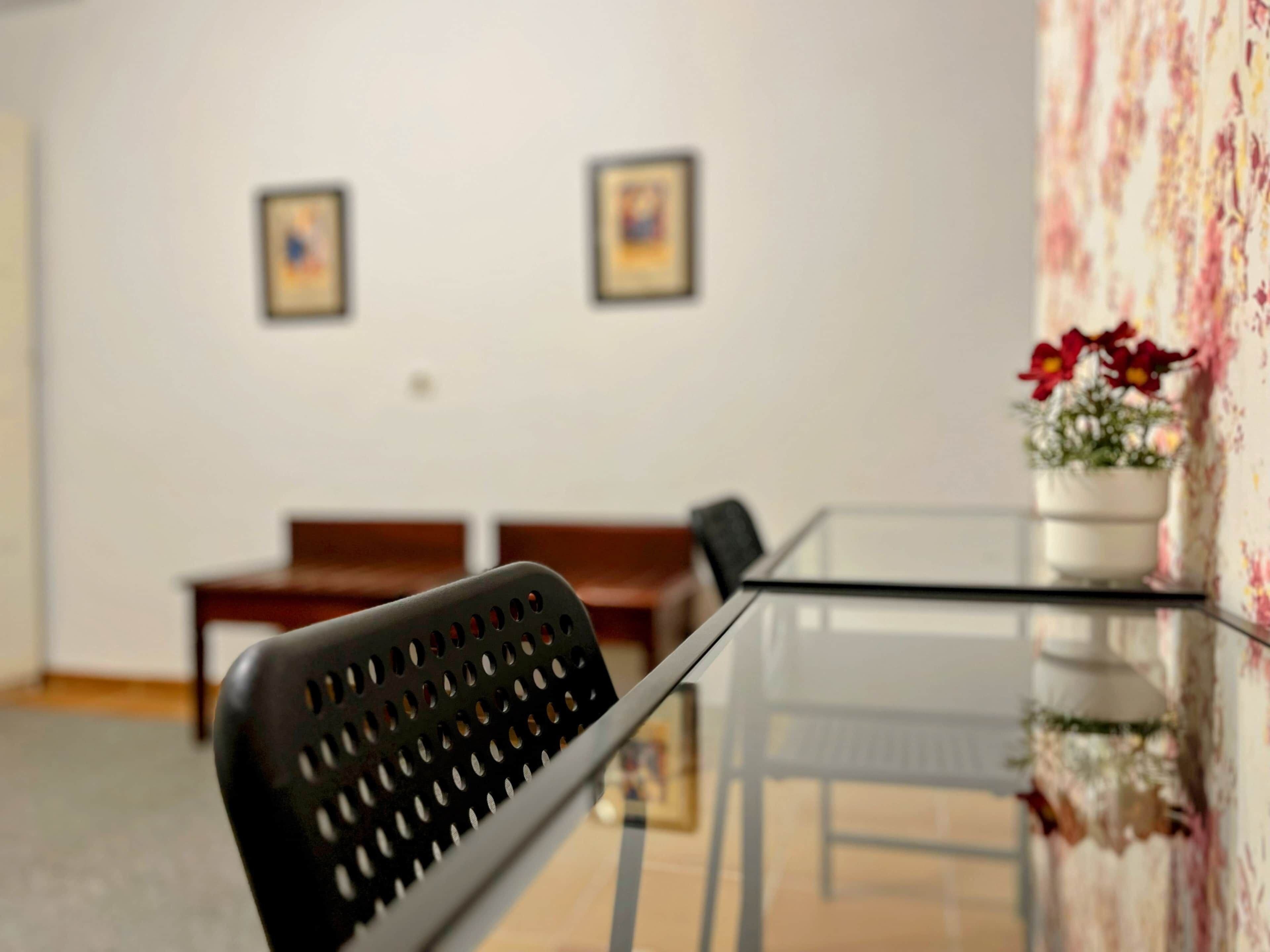 A modern dining area with a glass table and chairs, a potted plant with red flowers, and two framed pictures on the wall.