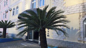 A building with a stone facade, arched windows, and a palm tree in a blue planter. - Kale Park  (Batumi)