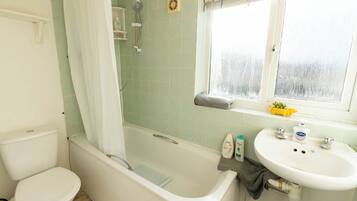 Hair dryer, bidet, towels, soap