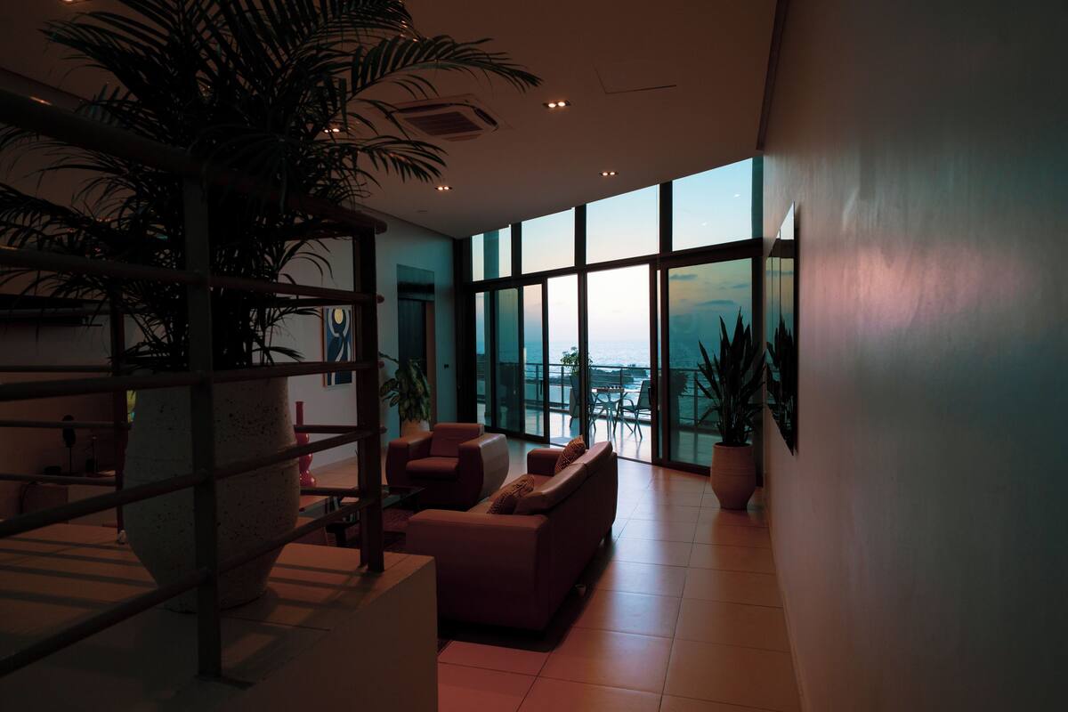 A spacious living area with a large window, a sofa, a coffee table, and a potted plant.