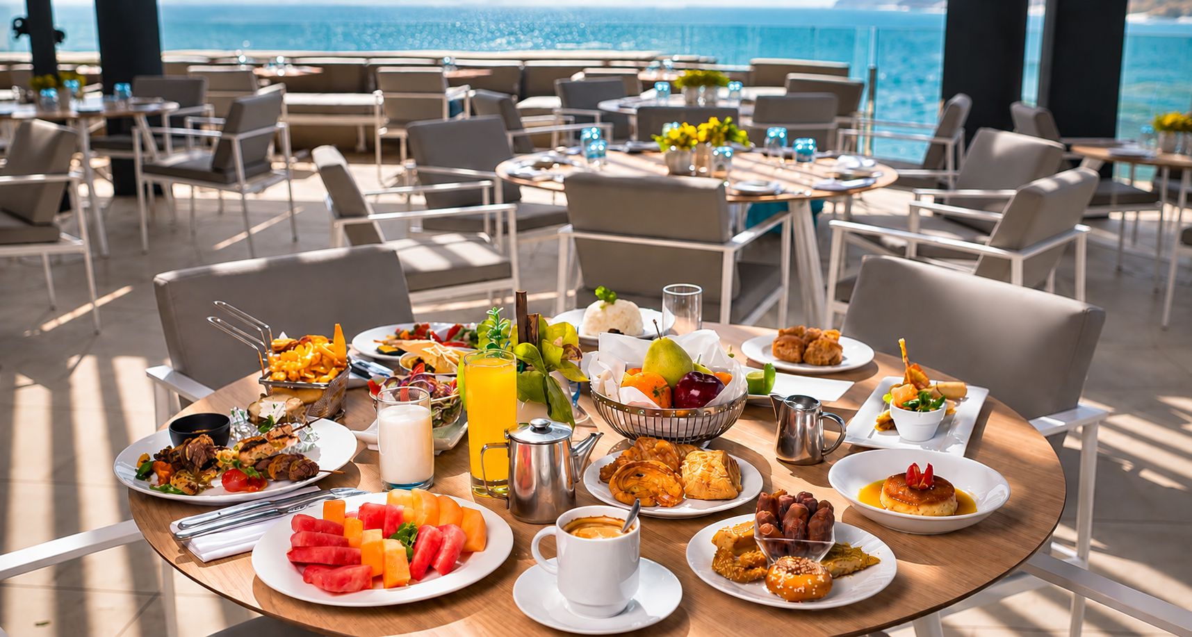 A dining table with various breakfast items, including fruits, pastries, and beverages, set on an outdoor terrace with a view of the ocean.