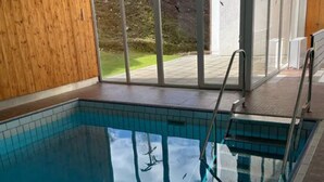 Ein Innenpool mit großen Glaswänden, einer Wand aus Holzpaneelen und Blick auf eine Rasenfläche.