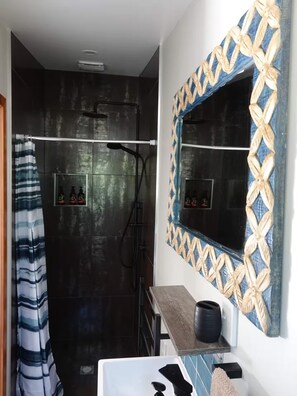 Hair dryer, towels, soap, shampoo