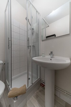 A modern bathroom with a glass shower enclosure, a white pedestal sink, and a mirror above the sink. - Le Desroziers 321 - 31 avenue Victoria - Vichy (Vichy)