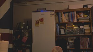 Et værelse med køleskab, bogreol og et mønstret tæppe.
