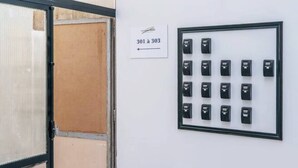 An elevator with a sign indicating floors 301 to 303.