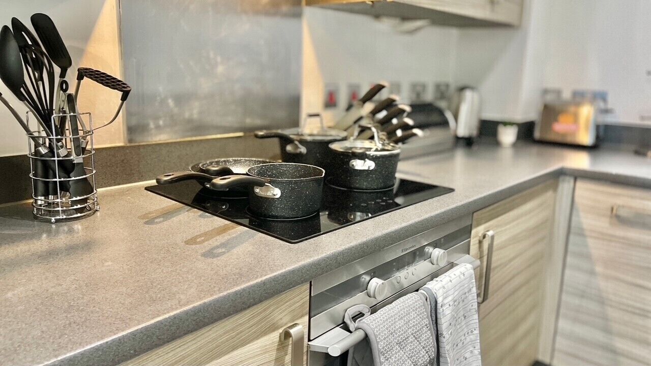 Fridge, microwave, oven, electric kettle