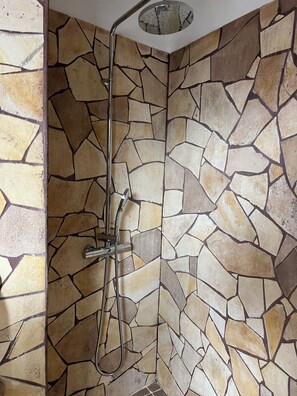 Regadera, secadora de cabello, toallas, jabón 