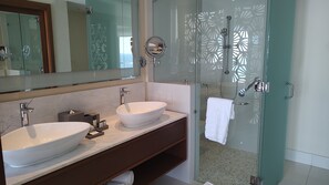 Shower, hair dryer, bidet, towels