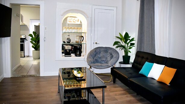 A living room with a black sofa, a glass coffee table, a grey armchair, and a potted plant.