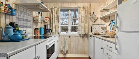 Fridge, stovetop, dishwasher, coffee/tea maker