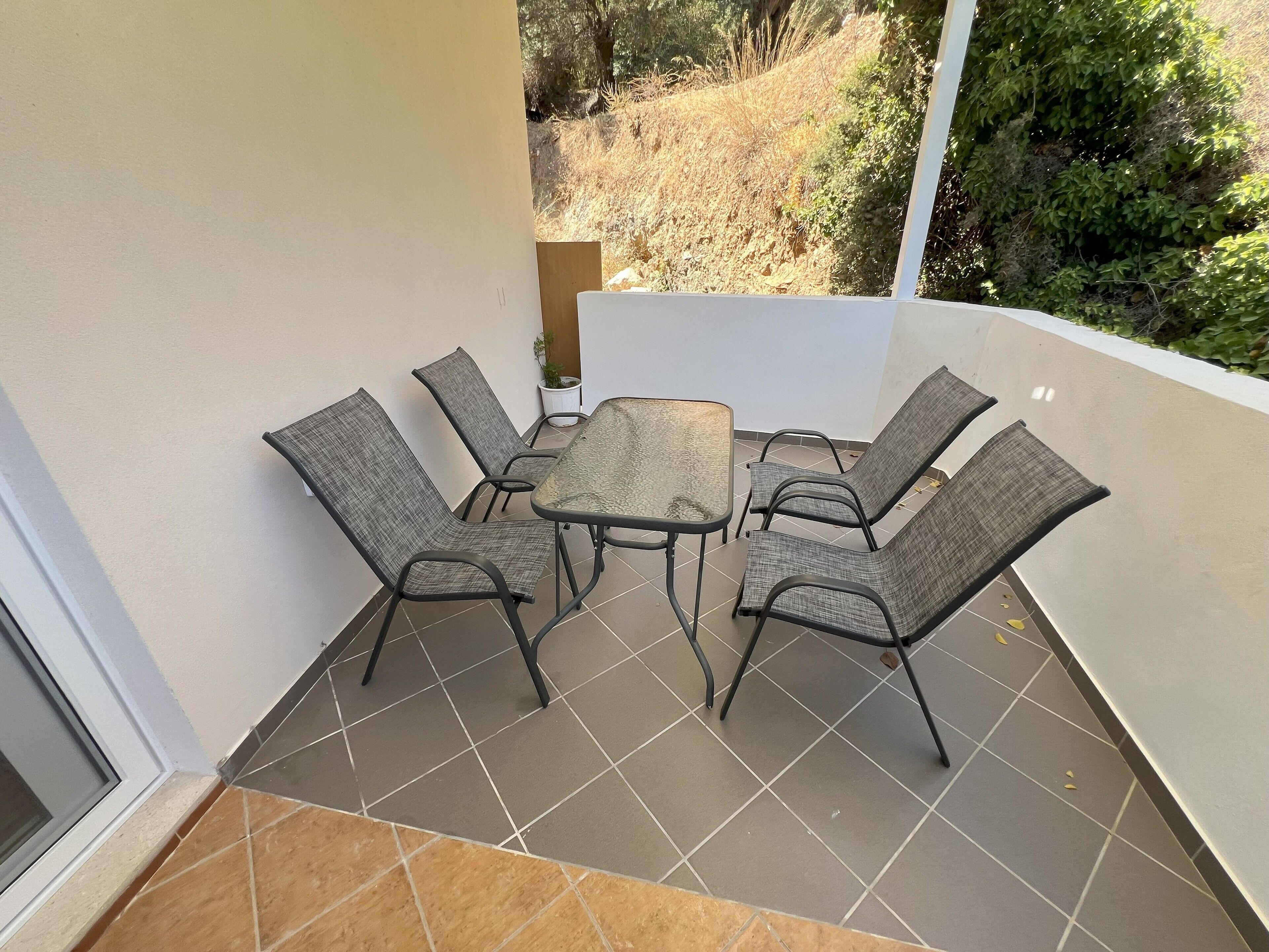Un balcon avec une table et six chaises, un pot de fleurs et une vue sur de l’herbe sèche et des arbres.