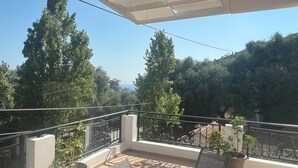 Un balcone con vista su alberi e un paesaggio lontano. Sono presenti piante in vaso e una sedia.