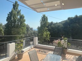 Un balcón con vistas a árboles y un paisaje lejano. Hay plantas en macetas y una silla.