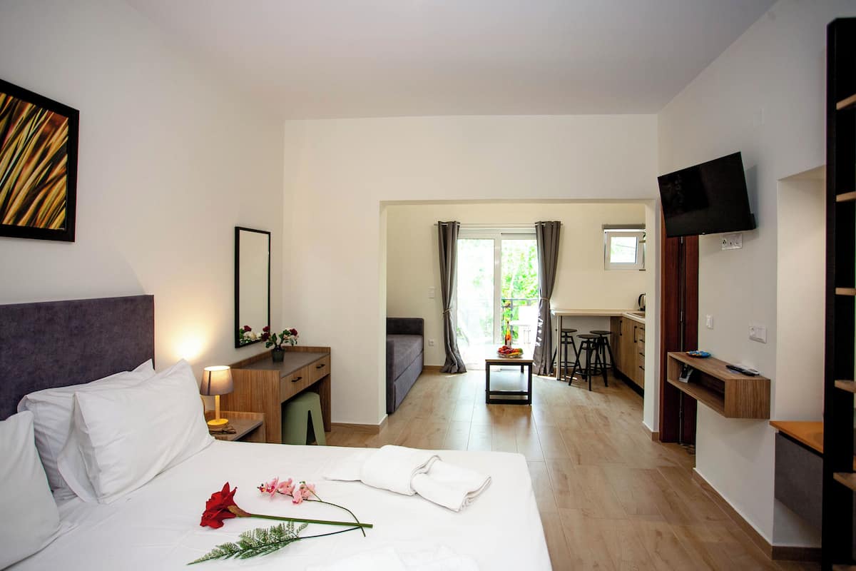 A hotel room with a bed, a desk, a TV, and a view of the outside.