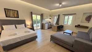 Camera d'albergo moderna con un grande letto, un divano, una scrivania e un angolo cottura.