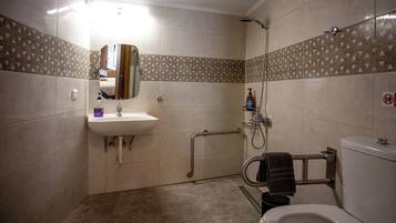 A bathroom with a sink, mirror, toilet, and shower.