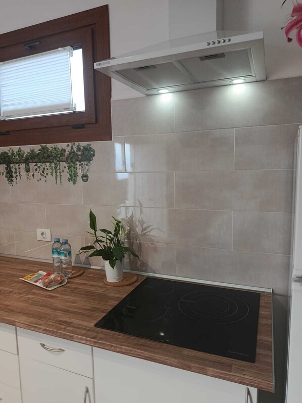 Fridge, stovetop, coffee/tea maker, electric kettle