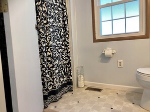 Hair dryer, towels, soap, toilet paper