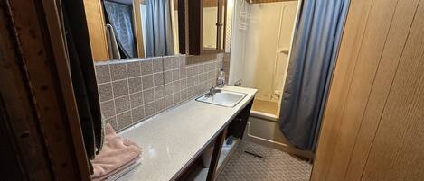 Een kleine badkamer met een wastafel, spiegel en douche.