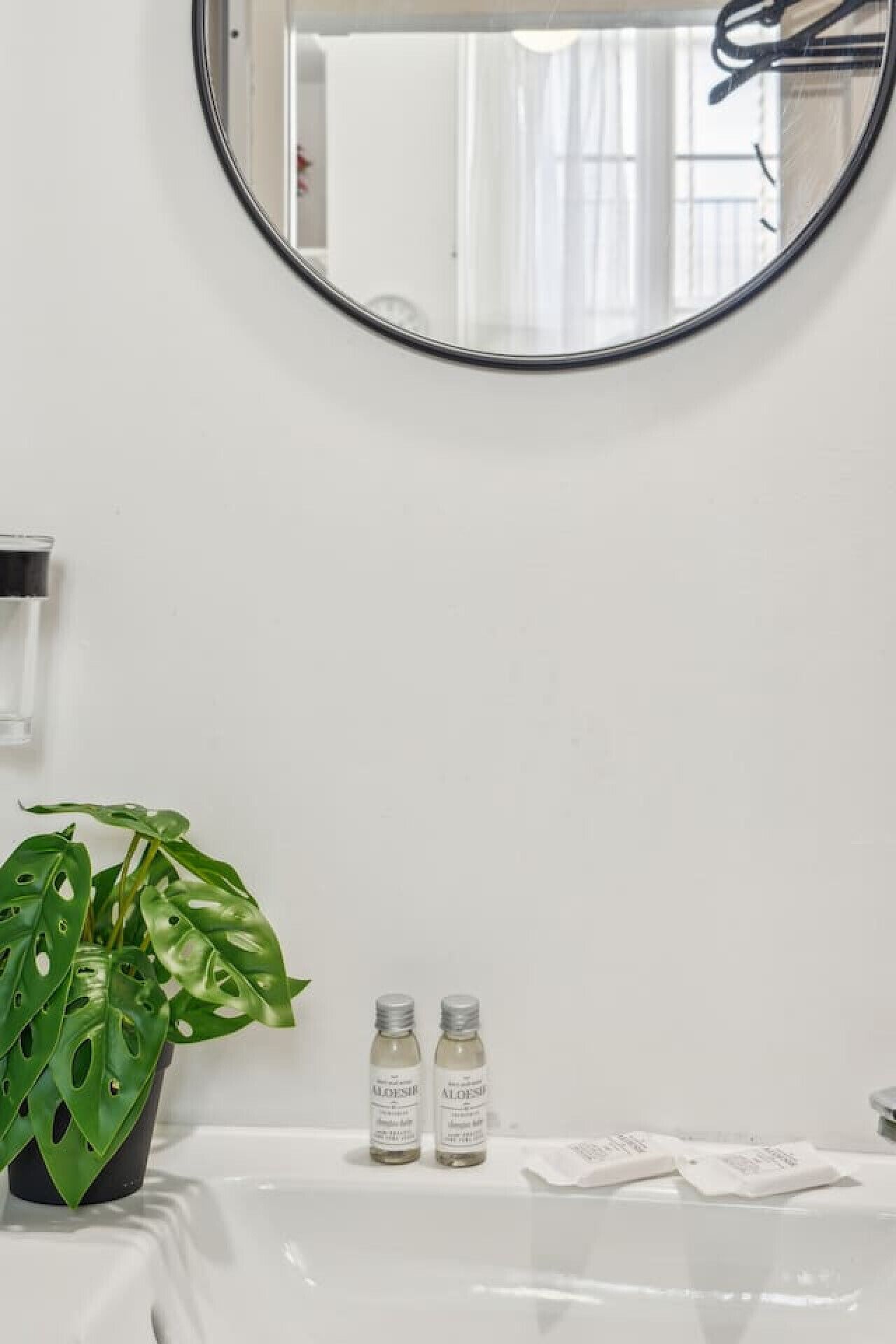 A bathroom with a round mirror, a sink, two bottles of aloe vera gel, and a potted plant.